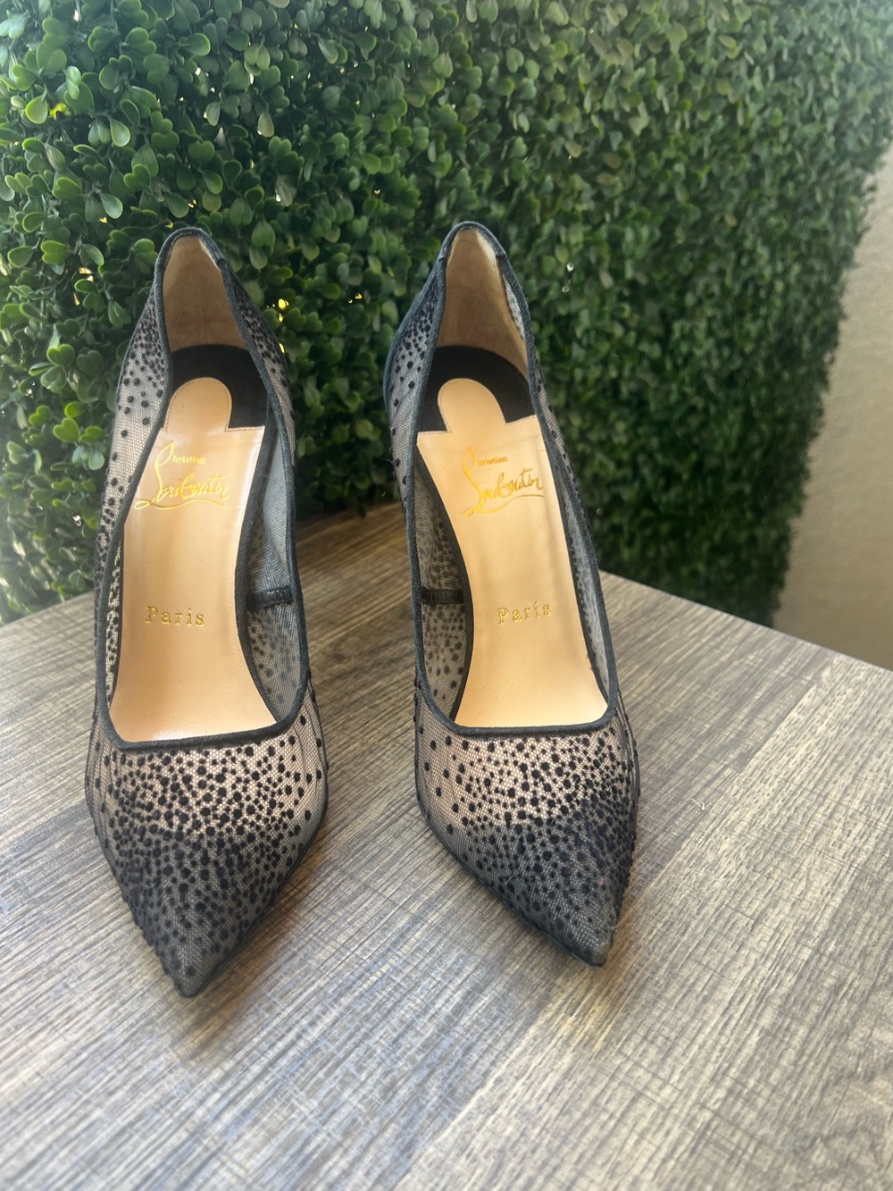 Christian Louboutin Black Plumeti Chiffon Suede Follies Mesh Polkadots Size 8.5